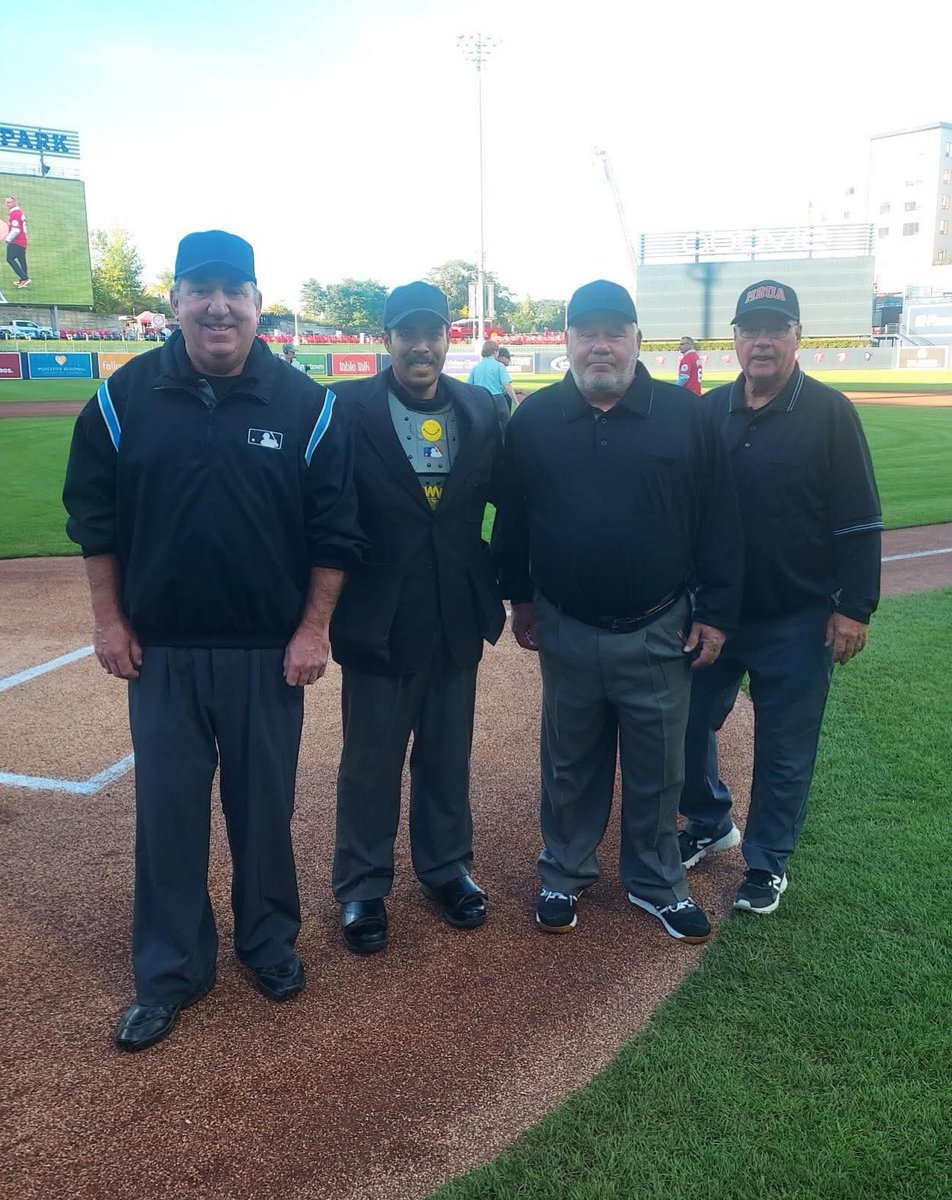 Umpire crew for the Worcester PD vs FD annual game at Polar Park. L-R, Kevin Roy, Matt Ball, Dave Wigren and John Milewski