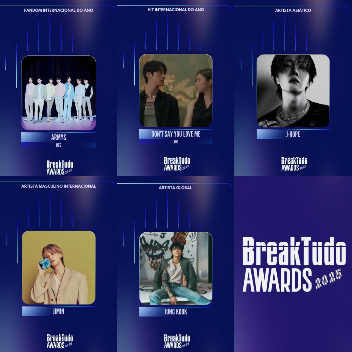 BTS MEMBERS AND ARMY has been nominated at the 2025 BreakTudo Awards 

🏆 International Fandom of The Year
- ARMYS — BTS 

🏆 International Hit Of the year
- Don't Say You Love Me by Jin 

🏆 Asian Artist
- Jhope 

🏆 International Male Arist
- Jimin 

🏆 Global Artist
-