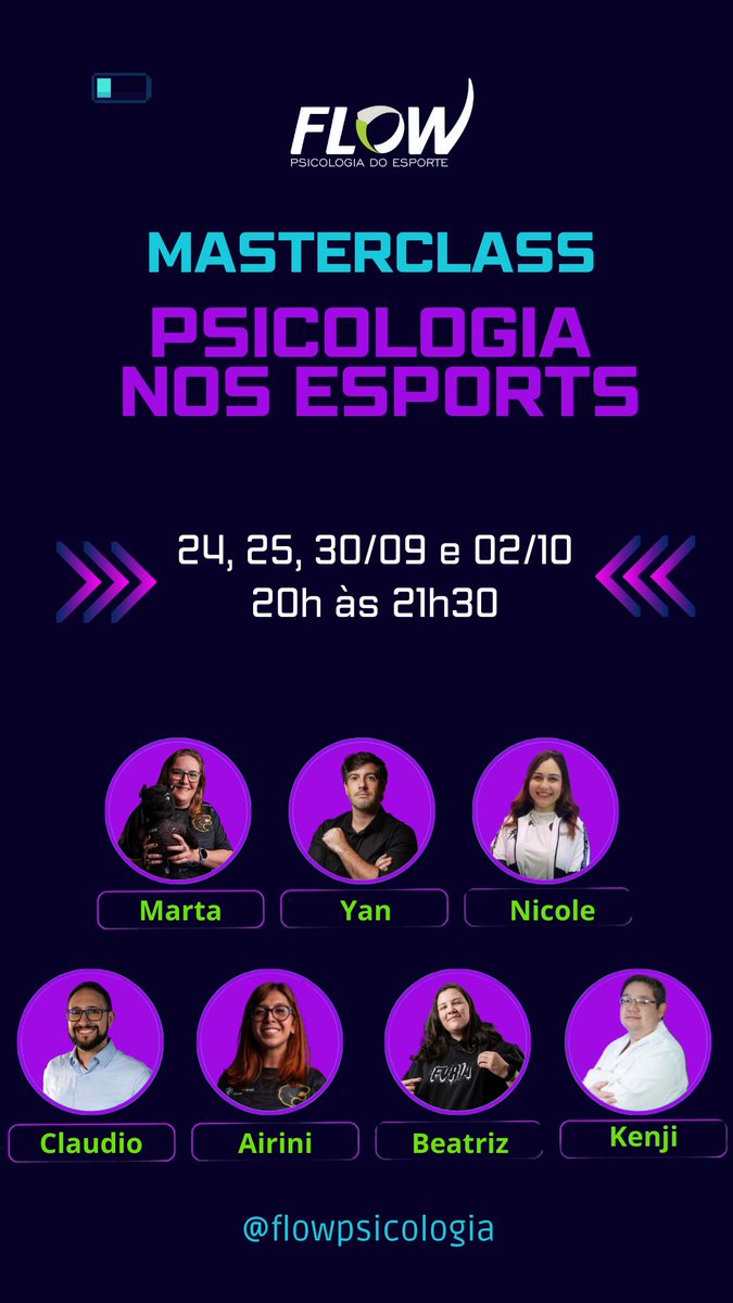 🎮 MASTERCLASS: Psicologia e nos esports 🎮
✅ Como a Psicologia dos esports potencializa a performance e a saúde mental dos atletas.
✅ O papel da Fisioterapia na prevenção de lesões e manutenção da performance.
✅ Cases reais de atuação com atletas e equipes profissionais.

🔥