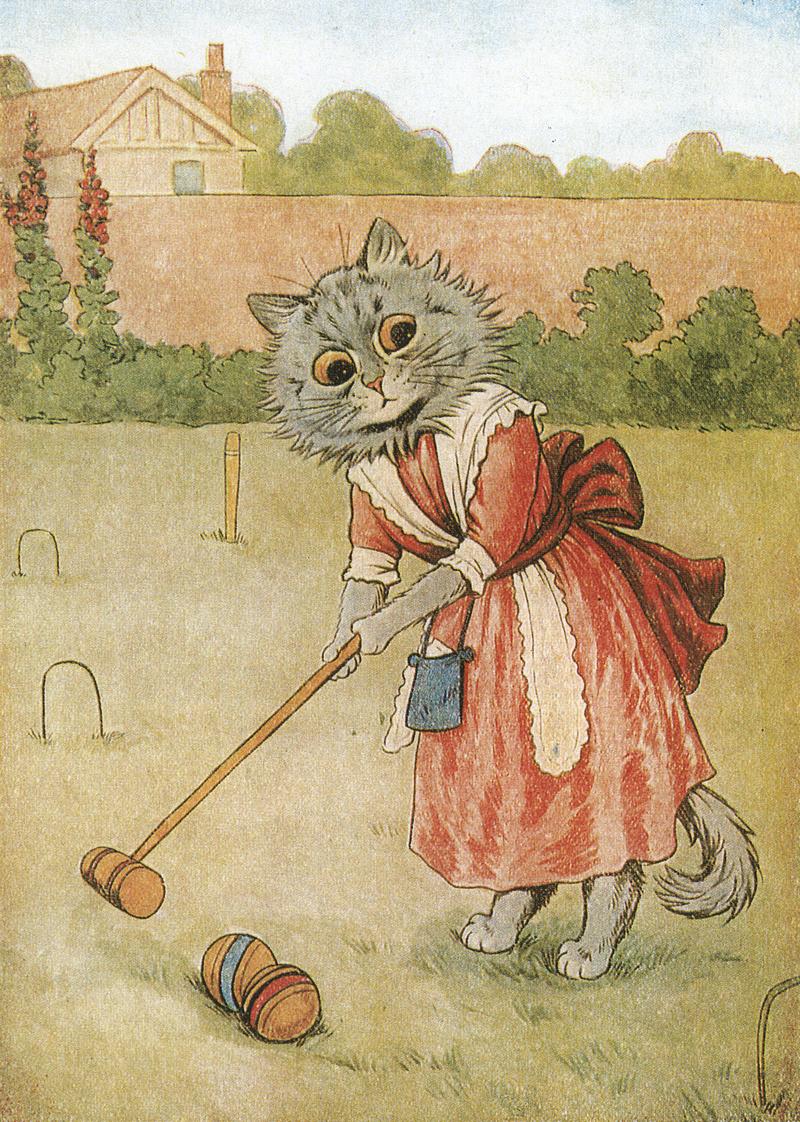 Illustration depicting a cat playing croquet.

From the Tremaine Arkley Croquet Collection.

DOI: dx.doi.org/10.14288/1.001…