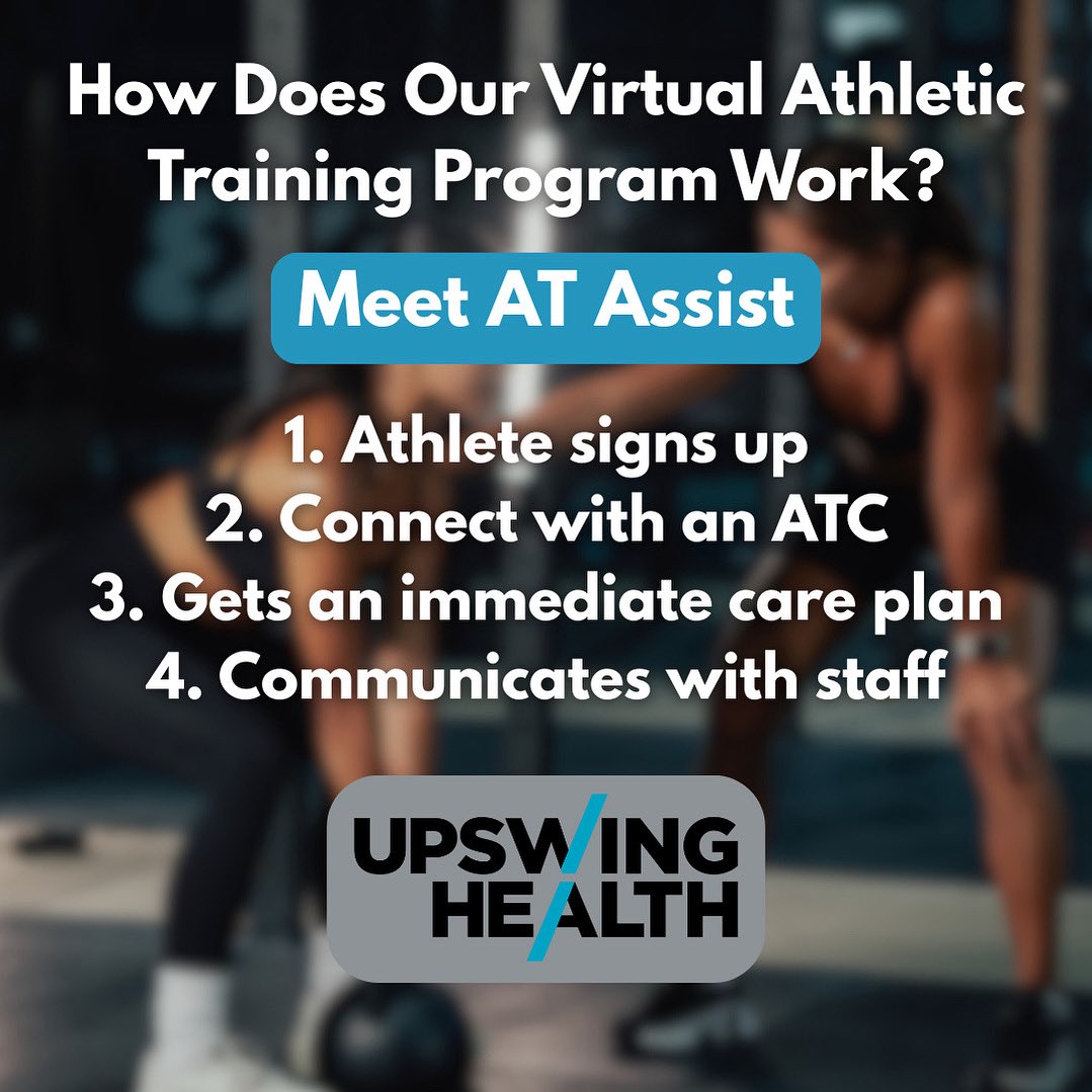 upswinghealth's tweet photo. Injured? Don’t wait. With AT Assist, athletes get immediate access to certified athletic trainers right from their phone.

Here’s how it works:
1. Sign up
2. Connect with an ATC
3. Get an instant care plan
4. Stay connected with our team

#Upswinghealth #fyp #teleheath https://t.co/K2DtITLw00