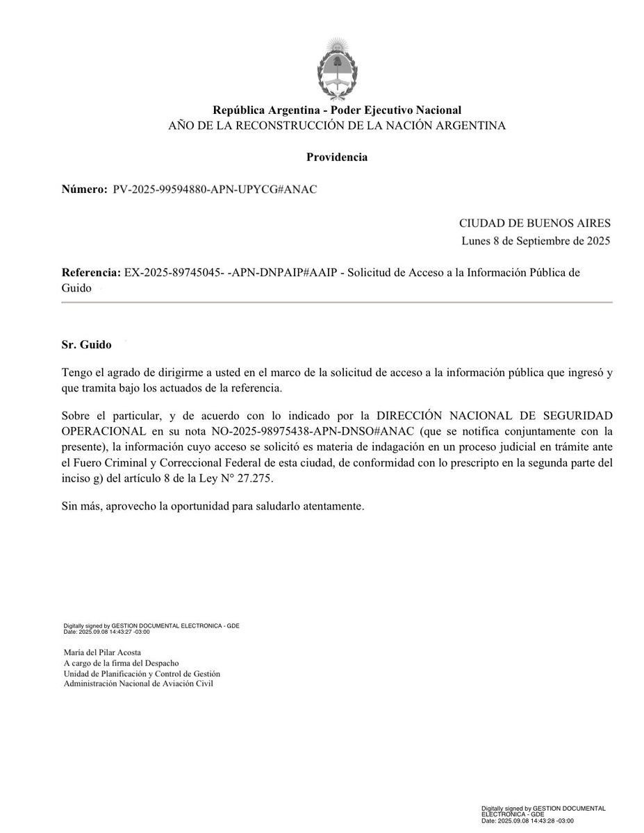 La ANAC de Milei continúa su estrategia de encubrimiento a Flybondi. Se rehusó a entregar documentación de la reunión que hubo entre directivos de Flybondi y de ANAC amparándose en una vinculación con la causa judicial.

La negativa ya fue apelada por mal fundamentada e ilegal.