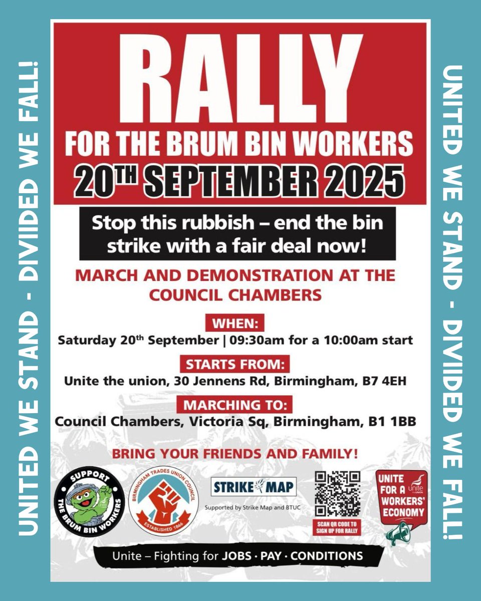 SUPPORT THE BIN WORKERS

Birmingham TUC will join Unite Gen Sec, <a href="/UniteSharon/">Sharon Graham</a>, to rally and march for a fair deal for the Birmingham Bin Workers!

SATURDAY 20 SEPTEMBER
ASSEMBLE - 9:30AM
At Unite the Union, 30 Jennens Road, B7 4EH
Marching to Council House, Victoria Sq, B1 1BB
