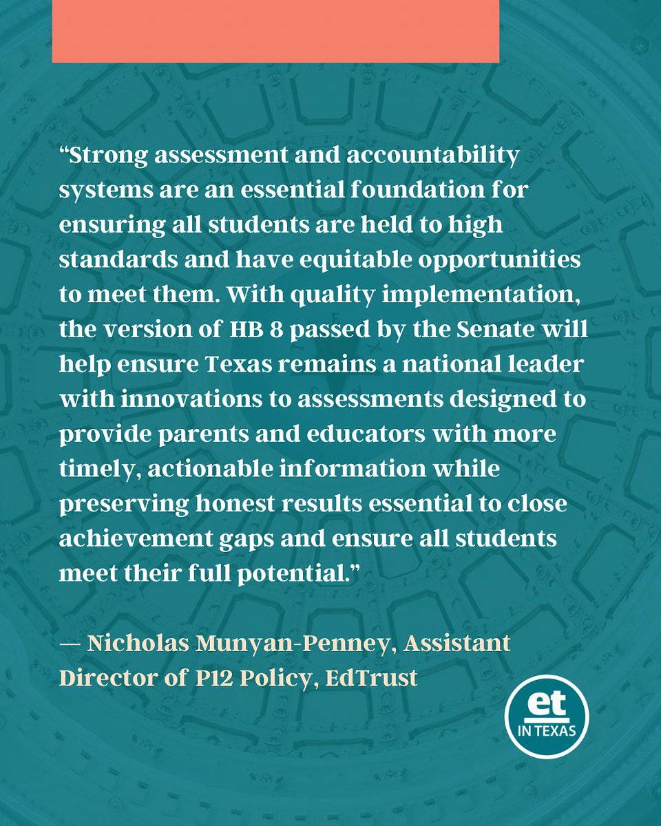 Exciting progress for Texas students! 🎉 Nicholas Munyan-Penney of <a href="/EdTrust/">EdTrust</a> emphasizes how HB 8 will boost assessments, close gaps &amp; give every student a fair shot at success. 🙌🏽📚

#HB8 #TXEd #EdTrust #EdTrustTX