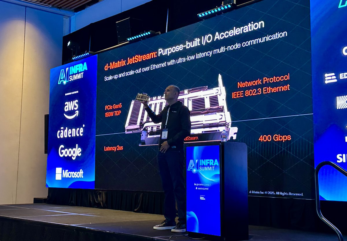 dMatrix_AI's tweet image. Thanks for joining Sid Sheth’s talk on making GenAI attainable and sustainable at AI Infra Summit.
Takeaways: latency matters, inference efficiency is the constraint, and system co-design wins.
Come by Booth 609 for a hands-on demo.
#AIInfraSummit #GenAI #AI #Inference #Compute…