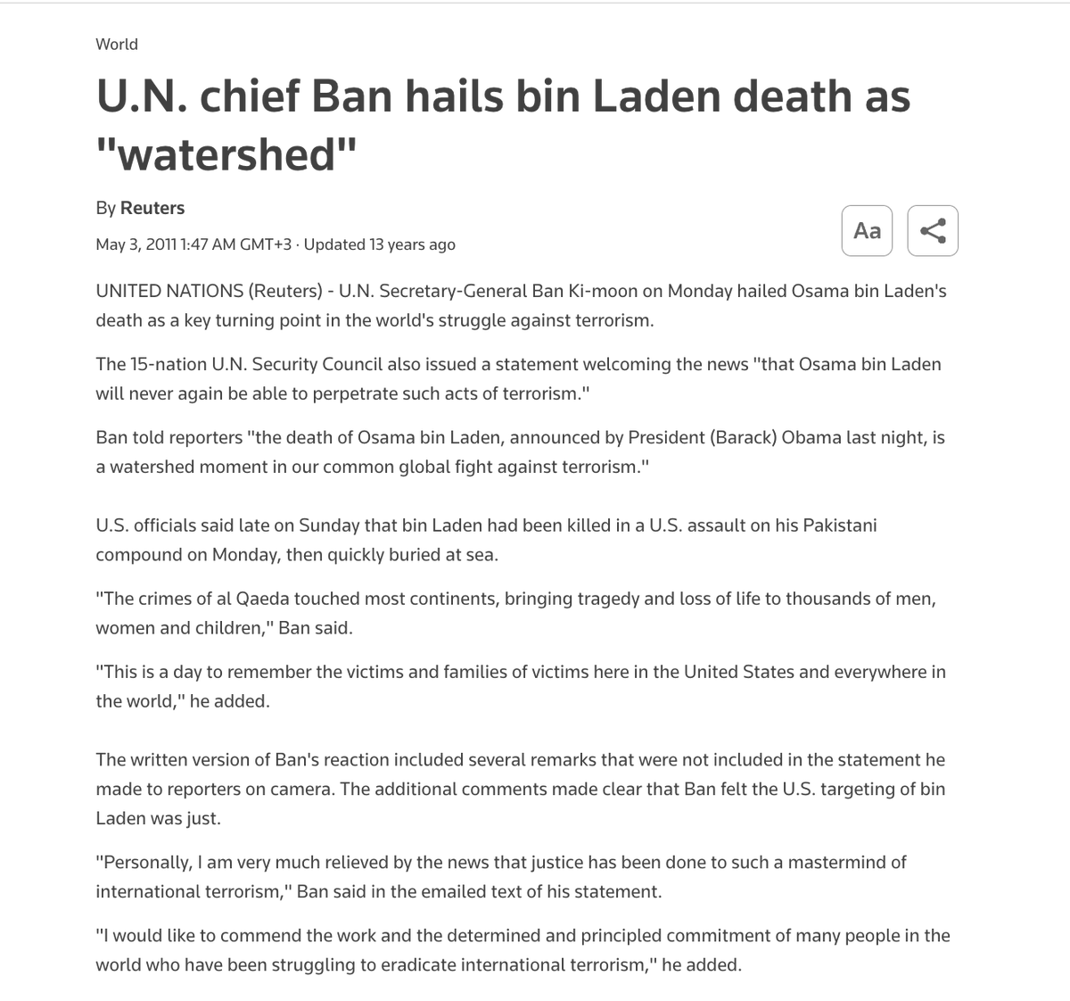 HillelNeuer's tweet photo. 2/ Hence when Bin Laden was eliminated, the U.N. chief said “I am very much relieved by news that justice has been done to such a mastermind of international terrorism,” and he called it “a watershed moment in our common global fight against terrorism.” https://t.co/44pKPxDZ2K