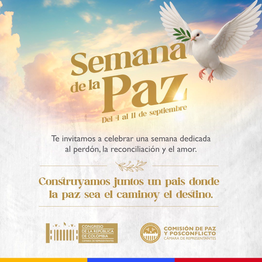 👉🏻Es tiempo de reconciliarnos, perdonarnos y seguir luchando por conseguir la tan anhelada Paz para nuestro país 🕊️
#SemanaDeLaPaz 
#LaPazEsElCamino <a href="/jhhojar/">John Jairo Gonzalez</a> <a href="/DaniloPimiento/">Hugo Danilo Lozano Pimiento</a> <a href="/Julianlopezte/">Julián López</a> <a href="/CamaraColombia/">Cámara de Representantes de Colombia</a> <a href="/drreyesplata/">Daniel R. Reyes Plata</a>