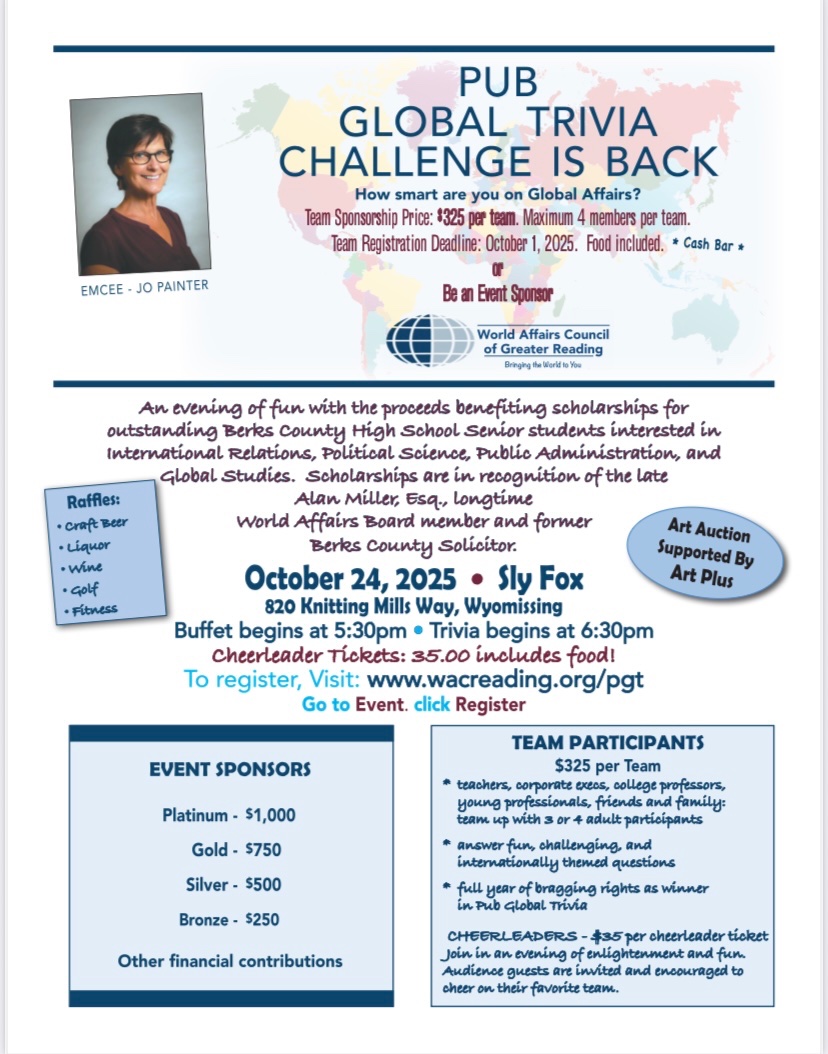 WACReading's tweet image. It’s that time of year again! Join us for 2025 Pub Global Trivia! A night filled with food, fun, drinks, and trivia to raise money for a great cause. 

Cheerleader and team registrations can be completed on our website.