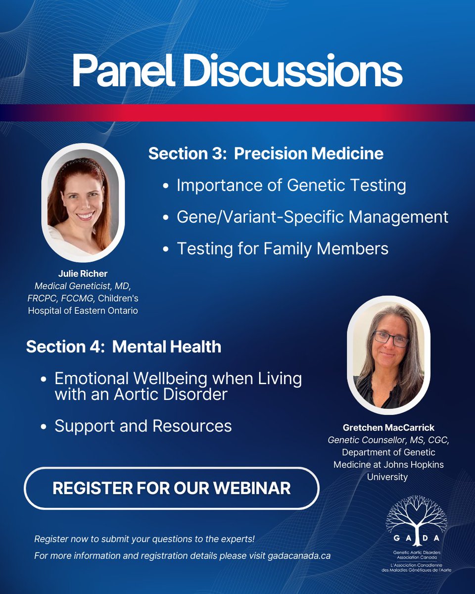 In honour of #AorticDissection Awareness Week (September 14-20th), GADA invites patients, families, caregivers, and healthcare professionals to a special, free webinar on September 17th!

🔗 Register now: gadacanada.ca/2025-webinar-a…

#AortaEd #Aorta #Webinar #HTAD #Cardiology