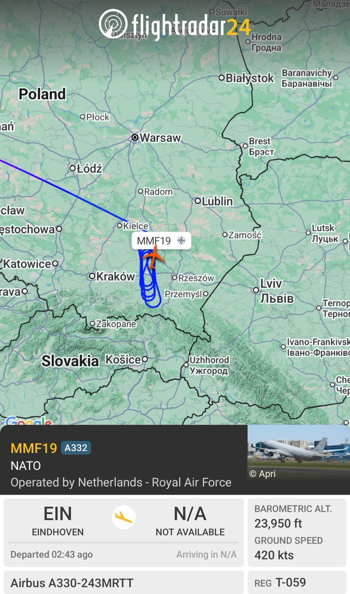 OSINTMilTracker's tweet photo. #NATO on duty at the 🇵🇱Polish-🇺🇦 border with Airbus A330-243MRTT refuling ✈️ #MMF19 Operated by Royal Netherlands Air Force, departed from Eindhoven, NOW at standby https://t.co/FD7zvBhyP5