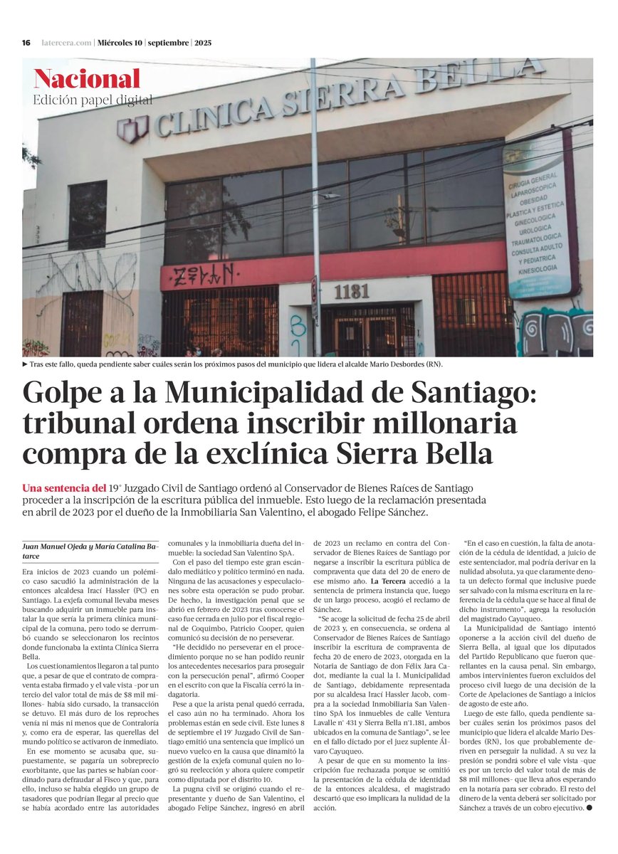 📰 Golpe a la Municipalidad de Santiago: 

Tribunal ordena inscribir millonaria compra de la exclínica Sierra Bella

#VamosChile #LaRoja #RenunciaAlbornoz #ENAP #Vidal
