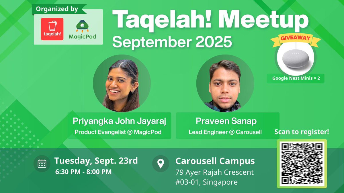 taqelahsg's tweet image. 🚀 Exciting News! 🚀
We’re excited to announce the TAQELAH Meetup – September 2025, proudly sponsored by @MagicPodJP  🎉
 
#TAQELAH #Meetup #TestEngineering #QualityEngineering #Automation #n8n #MagicPod #Carousell #Giveaway #taqelahsg