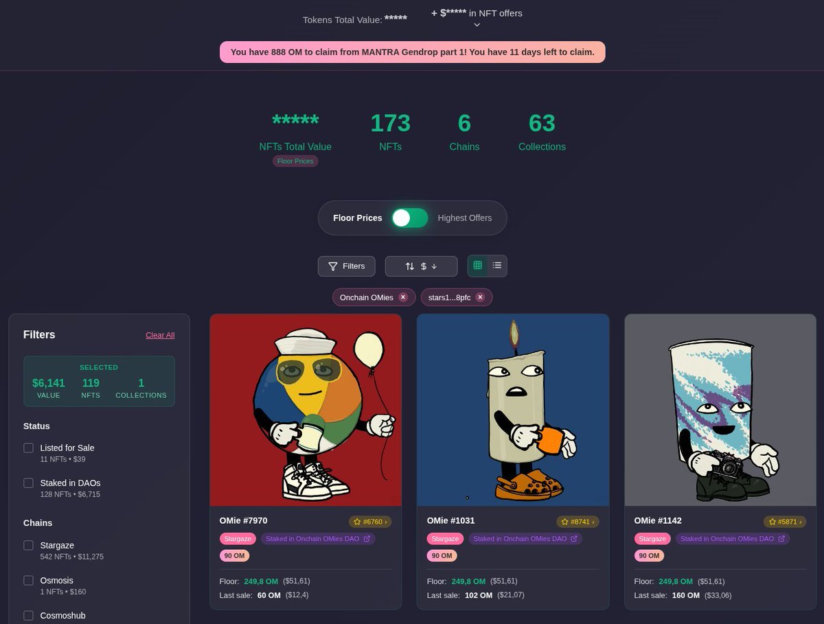 sherpa_rwa's tweet photo. In Cosmos, your NFTs are scattered:
8 chains, multiple wallets, sometimes staked in DAOs.
The result?
You never really know what you own.
@MisterLoops solved this problem with #NFTHUB: your Cosmos + Mantra NFT dashboard, already live and 100% free.
✅ 8 chains integrated + MANTRA EVM testnet
✅ Your whole collection at a glance (even staked)
✅ Portfolio value aggregated by floor or highest offer
✅ $OM badges, Gendrop alerts, token balances
✅ Built-in multi-chain swaps via Skip
✅ Active offers displayed in one place
In short:
You open NFTHUB, you see your full portfolio, your staked OMies, your offers, your $OM balance.
Not enough liquidity? Swap directly from Solana, EVM, or Cosmos. All without leaving your browser.
This isn’t just another app.
It’s the NFT compass for #OMies, built by one of our own (the creator of the Gift Tool) to make life easier for the whole community.
Already essential today.
Tomorrow, a must-have when @MANTRA_Chain launches its NFT marketplace.
👉 Try it. Share it. And if an OMie looks lost between wallets: send them this post.