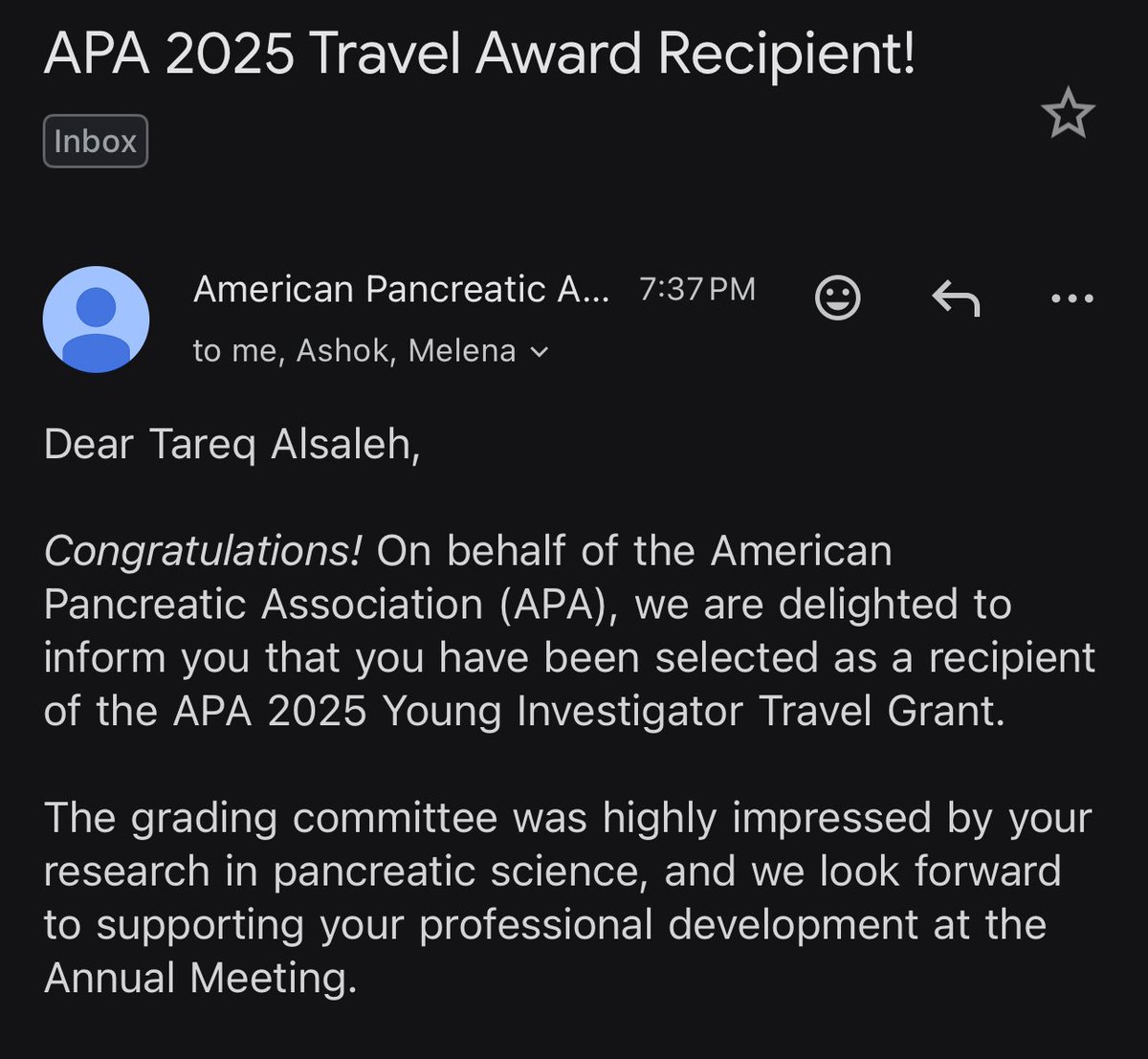 Tareq Alsaleh (@tareqalsalehim) on Twitter photo Thrilled to be selected for an oral presentation at the American Pancreatic Association 2025 meeting and honored to receive the Young Investigator Travel Grant! 
Grateful to my co-authors and the mentorship of <a href="/aiims2657/">John George</a> & Dr. Arain! 
<a href="/apapancreas/">American Pancreatic Association</a> <a href="/AdventHealth/">AdventHealth</a> 
#GITwitter Thrilled to be selected for an oral presentation at the American Pancreatic Association 2025 meeting and honored to receive the Young Investigator Travel Grant! 
Grateful to my co-authors and the mentorship of <a href="/aiims2657/">John George</a> & Dr. Arain! 
<a href="/apapancreas/">American Pancreatic Association</a> <a href="/AdventHealth/">AdventHealth</a> 
#GITwitter