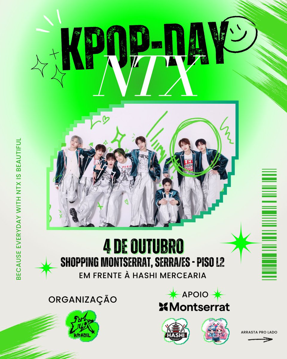 NTX_Brasil's tweet image. 💚Ei, NTFuls Capixabas!!!🎉

Venha participar do nosso 1° eventão temático dedicado ao NTX, o K-POP DAY: NTX🔁✨

📍4 de Outubro - Shopping Montserrat, SERRA - ES

😜Traga seu amigo K-popper, receba brindes, participe de sorteios e muito mais! Esperamos você💕

#NTX #엔티엑스