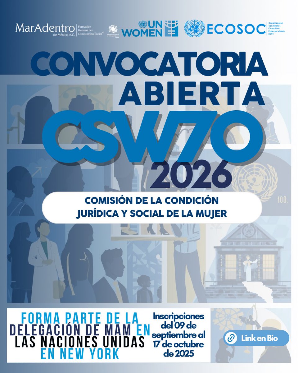 🌍✨ ¡CONVOCATORIA ABIERTA! ✨🌍

Del 9 de septiembre al 17 de octubre abrimos la invitación para integrar la delegación oficial que participará en la 70ª sesión de la Commission on the Status of Women (CSW).

Más info: internacional@maradentro.com.mx 

#CSW70 #IgualdadDeGénero
