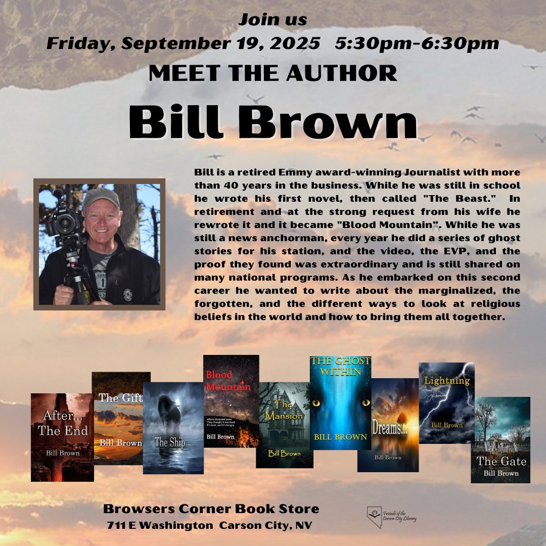 friendsofcclib's tweet photo. Browsers is excited to host local author and former tv news anchor and journalist Bill Brown on Friday September 19. #browserscornerbookstore #friendsofthecarsoncitylibrary #carsoncity #booktok #authortok #authortalk #bookstores https://t.co/2k0LqMnoOO
