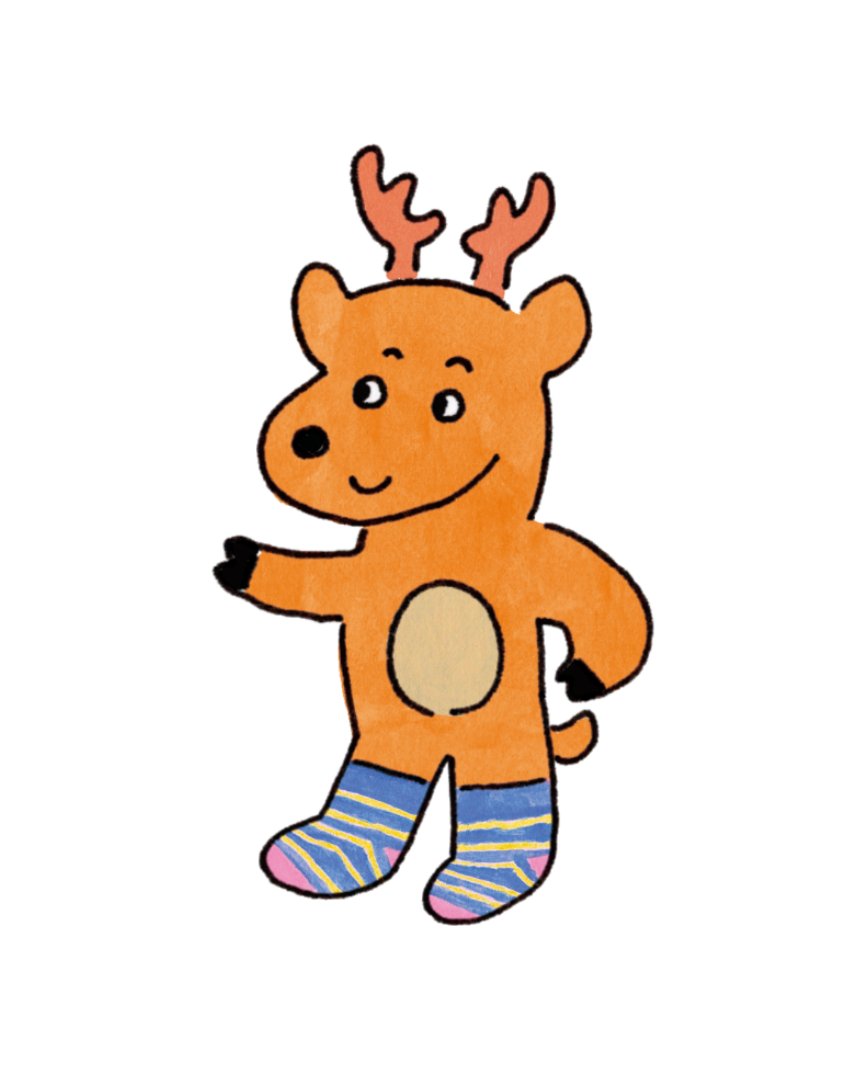 フェリシモのカタログ『Kraso』にて靴下のページでイラストを描きました。
靴下の生産量が日本一の奈良県広陵町でつくられた、残糸を生かした靴下です。
奈良ということで、靴下をはいたシカを描いています🧦