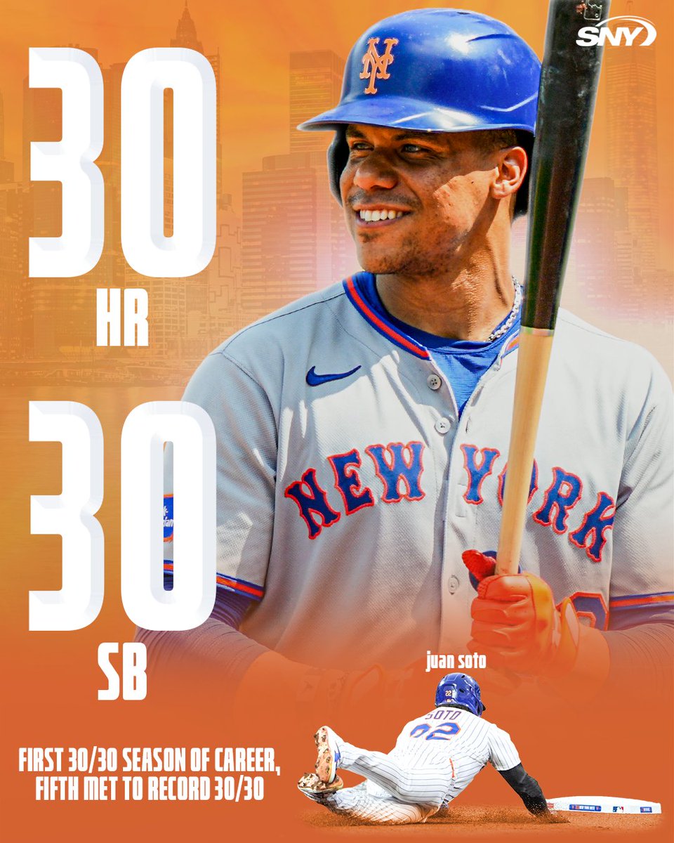 SNY_Mets's tweet image. Juan Soto has the first 30/30 season of his career and the seventh 30/30 season in the history of the Mets 👏