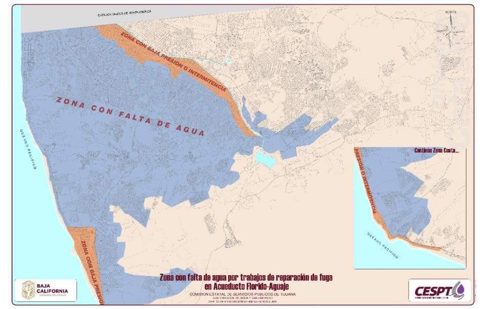 BereniceDiazG's tweet photo. Mapa de la zona con falta de agua debido a la ruptura del acueducto Florido-Aguaje que abastece 632 colonias de la zona oeste de #Tijuana y Playas de Rosarito.

La Comisión Estatal de Servicios Públicos de Tijuana(CESPT) proyecta 36 horas en los trabajos de reparación y 36 horas más en la recuperación del servicio.