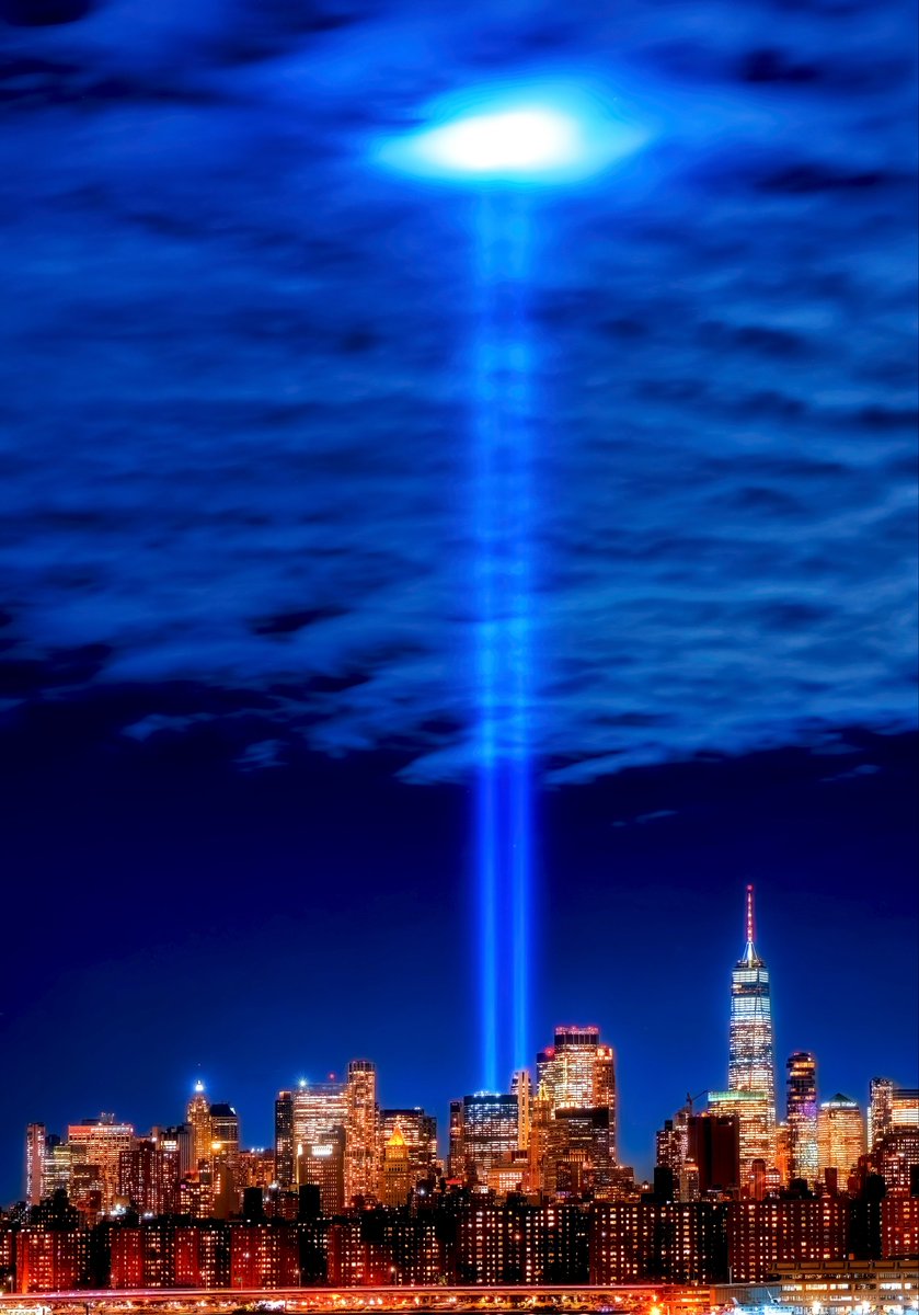 Beautiful Tribute in Light reaches high into the heavens above the World Trade Center tonight, as we head toward the 24th anniversary of 9/11. #NYC #NewYork #September11 #NeverForget