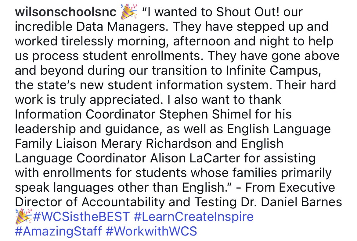 WilsonSchoolsNC's tweet photo. Shout Out! our incredible Data Managers. They have stepped up and worked tirelessly to process student enrollments. Their hard work is truly appreciated! 🎉 #WCSistheBEST #LearnCreateInspire #AmazingStaff #WorkwithWCS https://t.co/PNNFaWmGJE