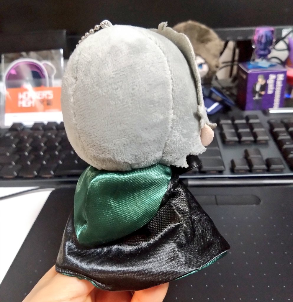 百均にぬい用魔法使いローブ(某魔法学校なカラバリあり)が売ってたから緑色の奴を買ってまちゅのすけに着せた