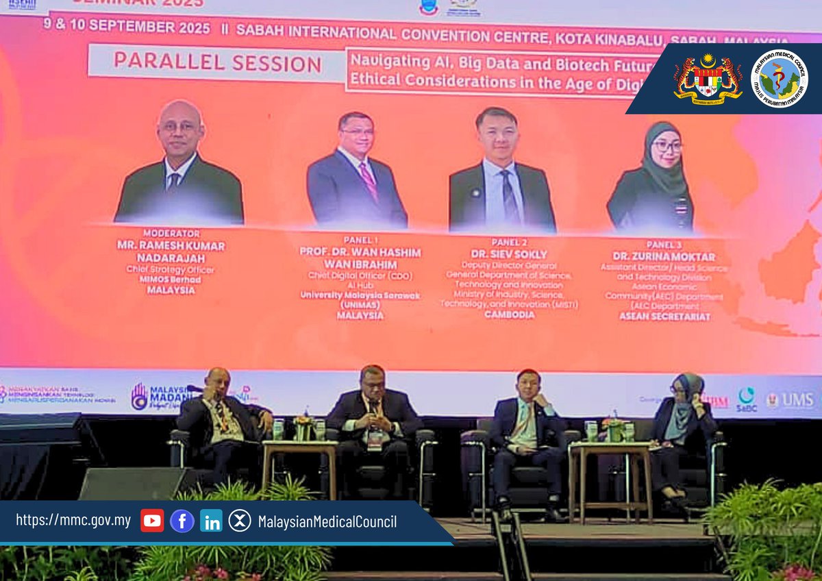 Majlis Perubatan Malaysia (MPM) telah menyertai ASEAN Bioethics Seminar 2025 (9–10 Sept) di SICC, Kota Kinabalu anjuran <a href="/officialmosti/">MOSTI</a>.
MPM diwakili Prof. Dato’ Dr. Abdul Hamid A. Kadir.
#ASEANBioethicsSeminar2025 #MOSTI #MajlisPerubatanMalaysia