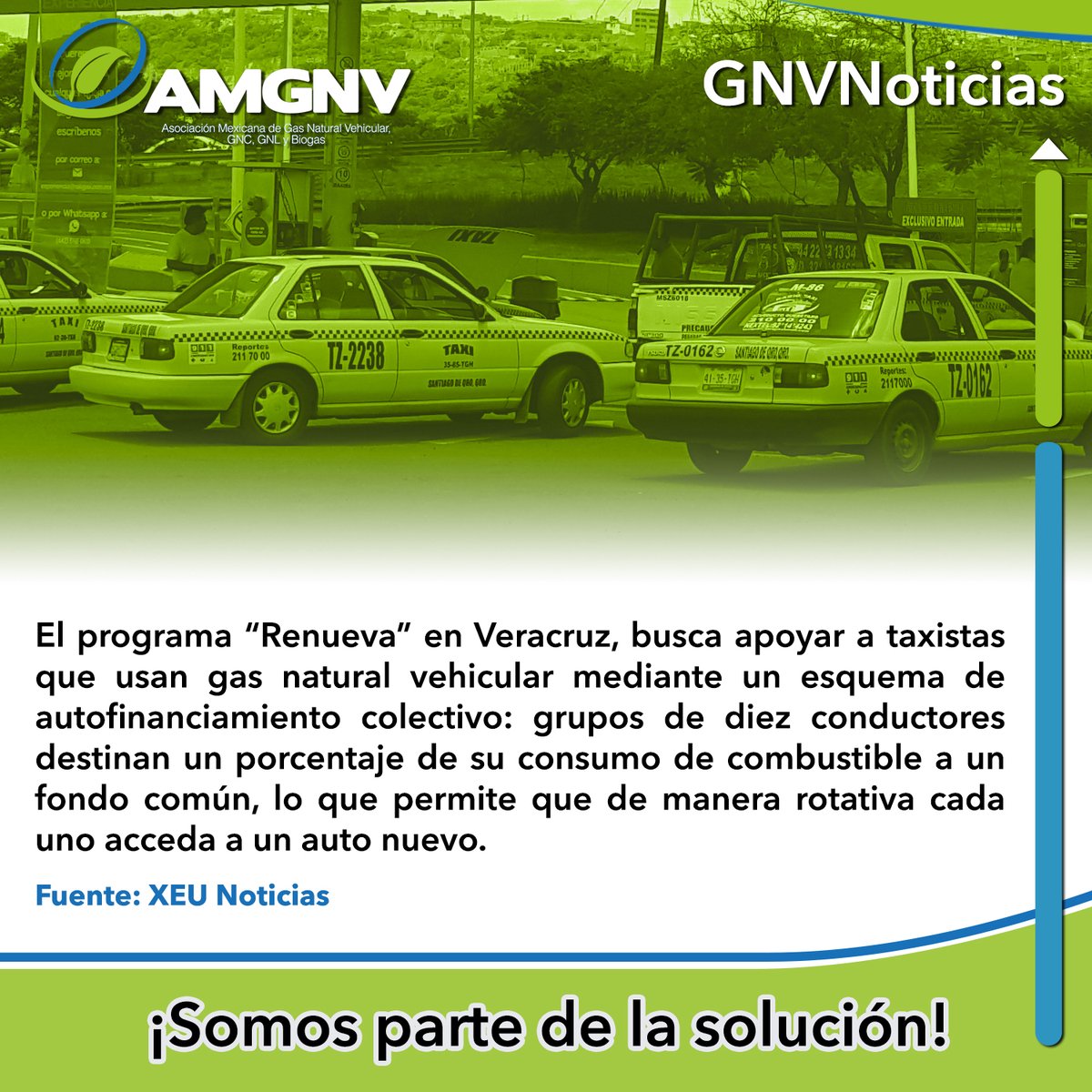 El programa “Renueva” en Ver. apoya a taxistas que usan GNV mediante un esquema de autofinanciamiento colectivo: grupos de 10 conductores destinan porcentaje de consumo a un fondo común para que cada uno acceda a un auto nuevo. 
Velo en: xeu.mx/sociedad/13857…