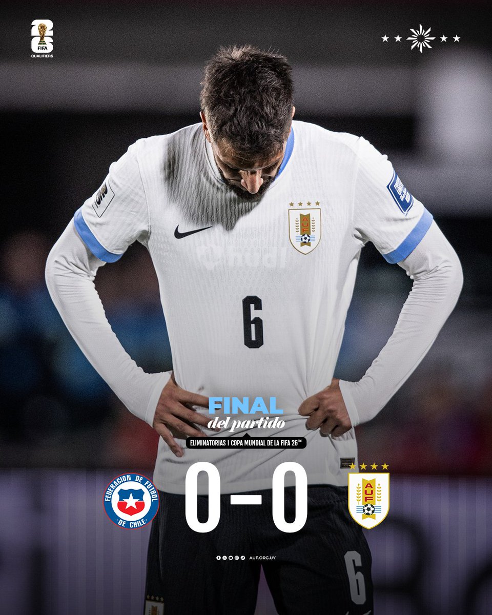 Uruguay's tweet image. ⏹ 𝙁𝙄𝙉𝘼𝙇 𝘿𝙀𝙇 𝙋𝘼𝙍𝙏𝙄𝘿𝙊

@LaRoja 0-0 @Uruguay  

📌 Eliminatorias Copa Mundial de la FIFA 26™️

📺 AUF.tv

#ElEquipoQueNosUne