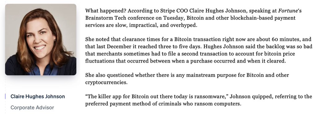 Stripe 首席运营官批评比特币的帖子截图