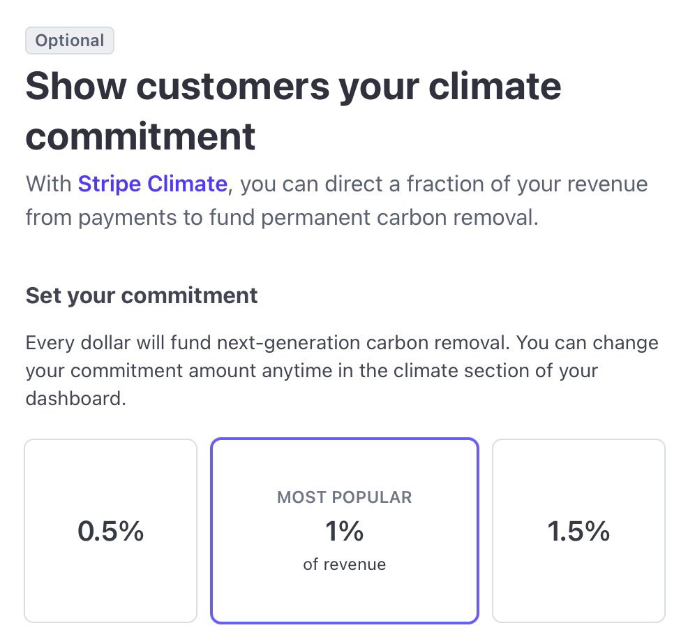 Stripe Climate 承诺选项的截图