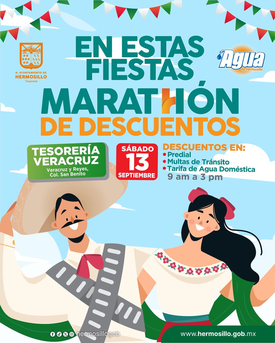¡Celebra el Mes Patrio ahorrando! 🇲🇽

Este sábado 13 de septiembre tendremos Maratón de Descuentos en nuestro Centro de Atención Veracruz, de 9 a.m. a 3 p.m.

Aprovecha para ponerte al día con:

🏠 Predial

🚗 Multas de tránsito

💧 Tarifa de agua doméstica

¡Cumplir es fácil! ✅