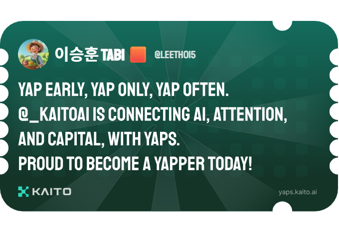 leeth015's tweet photo. Yap early, yap only, yap often.

@KaitoAI is connecting AI, attention and capital with Yaps.

Just claimed my social card and I'm accumulating Yap points in real-time.

Claim yours 👉 https://t.co/Nkul3Hro67 https://t.co/vGzZxYpmzP