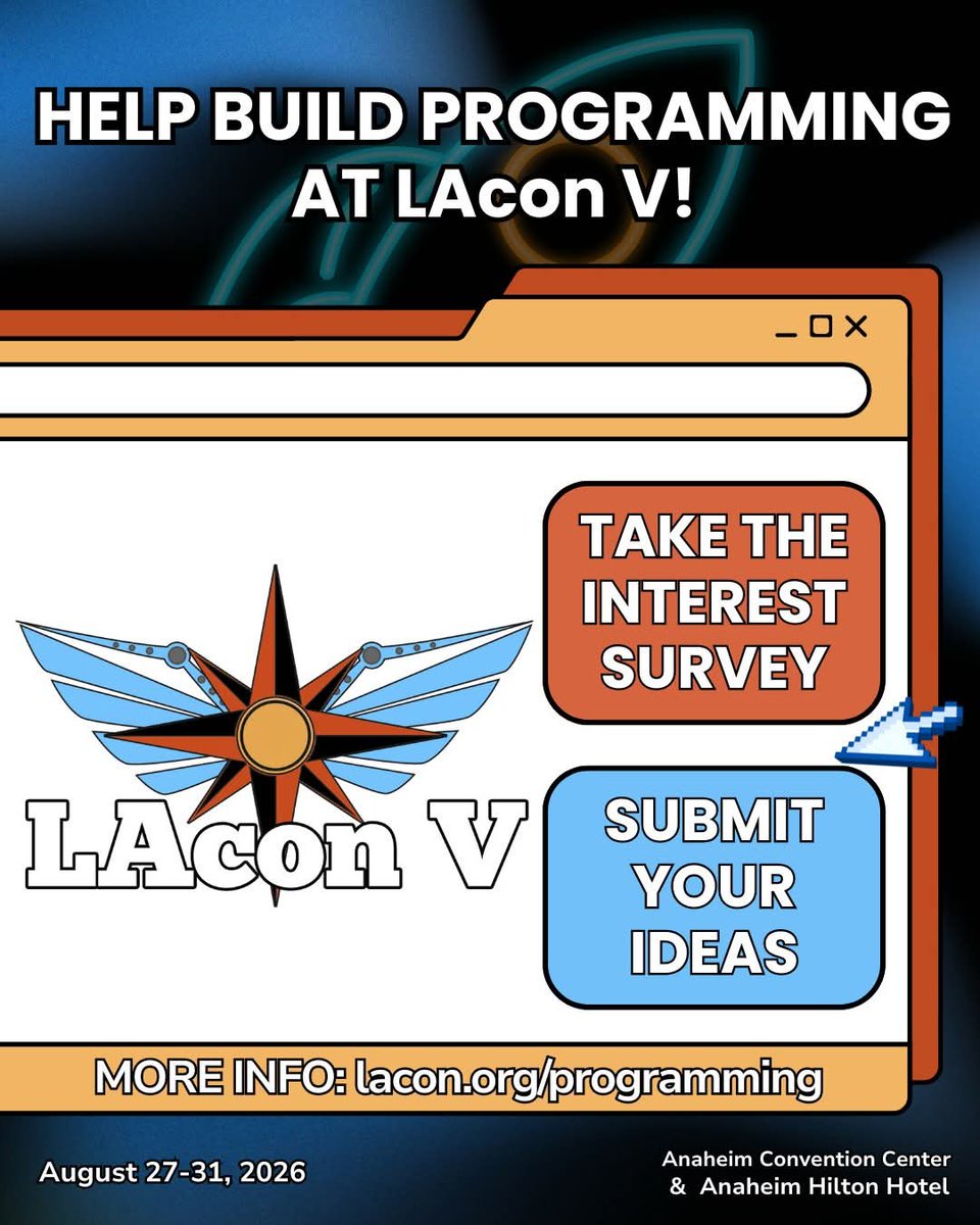 Help us build our Programming at LAcon V!

There are two ways to get involved in this by visiting our site.

Take the Program Participant Interest Survey: lacon.org/programming/pr…

Submit your Program Ideas: lacon.org/programming/pr…