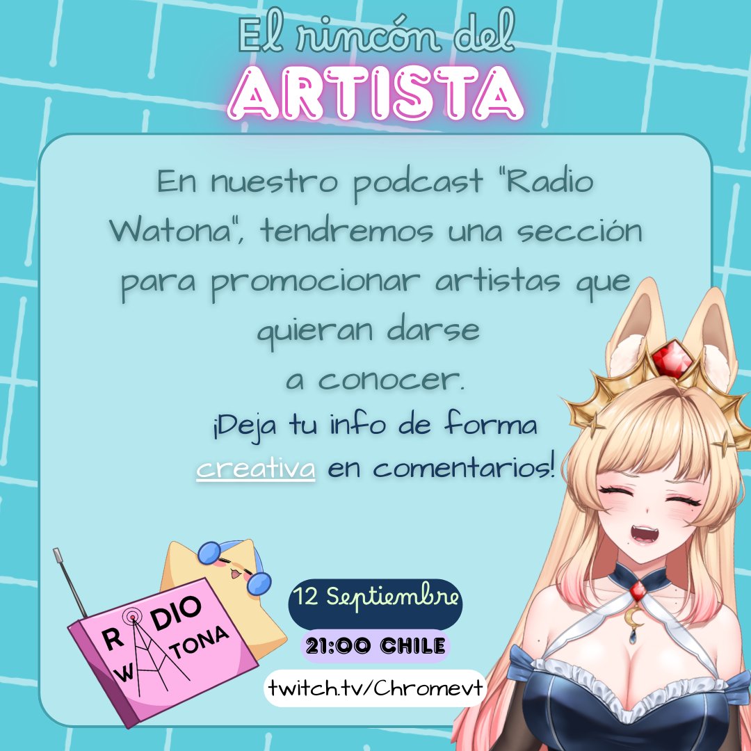 Llamado a los artistas que quieran darse a conocer a presentarse de forma creativa en este post! ¡Seleccionaré algunos para nuestro rincón especial en #RadioWatona !
Mi idea es que los que escuchen el programa puedan chequearlos y así difundir mucho más el arte ⭐️