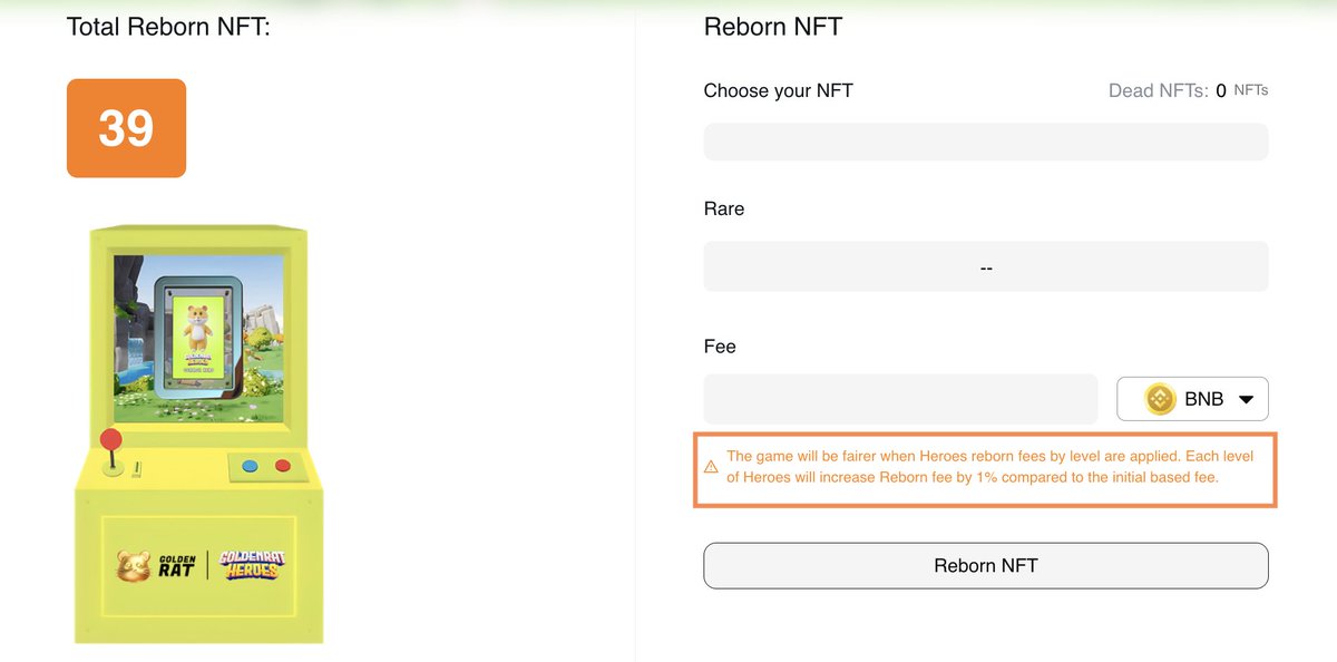 GoldenRatToken's tweet image. UPDATE REBORN MECHANISM

The game will be fairer when Heroes reborn fees by level are applied.

Each level of Heroes will increase Reborn fee by 1% compared to the initial based fee.

Apply
*Applicable to all NFT Heroes Rarity
*From Sep 10, 2025
*To both $RATS and $BNB pay fees