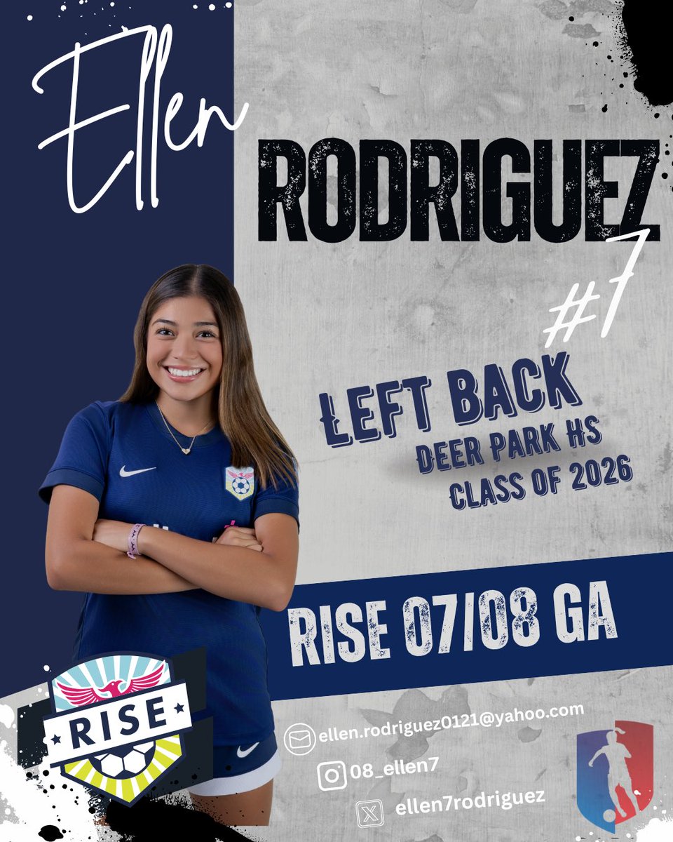 ✨✨ Meet The Team ✨✨

Name: Ellen Rodriguez
Number: 7
Position: Left Back
Class: 2026
X: <a href="/Ellen7Rodriguez/">Ellen Rodrìguez</a> 

<a href="/coachkevincross/">Kevin Cross</a> @risegirlsacademy @risesoccerclub @imyouthsoccer <a href="/ImYouthSoccer/">ECNL/GA/Recruiting/College Soccer</a> <a href="/CollegeSoccerID/">College Soccer ID</a> <a href="/PrepSoccer/">Prep Soccer ⚽️</a>