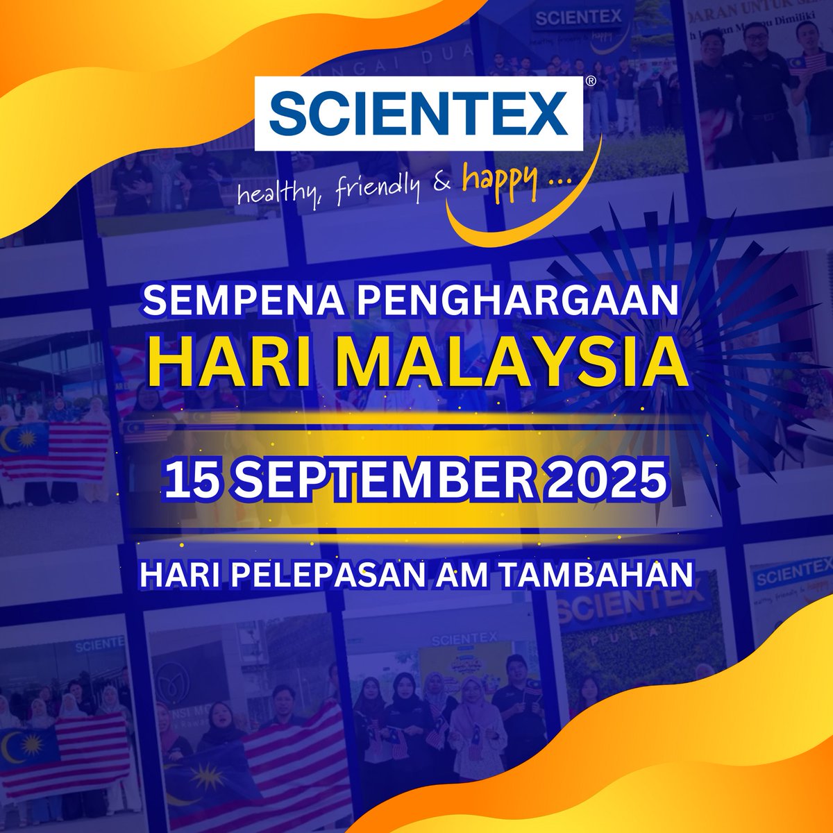 ScientexHeights's tweet photo. 🇲🇾 Sempena Penghargaan Hari Malaysia 2025🇲🇾
📌Hari Pelepasan Am Tambahan

Scientex ingin mengucapkan Selamat bercuti &amp; Selamat Hari Malaysia 2025
Sama-sama kita hargai semangat perpaduan yang menyatukan kita sebagai rakyat Malaysia. https://t.co/JOoerJXx7m
