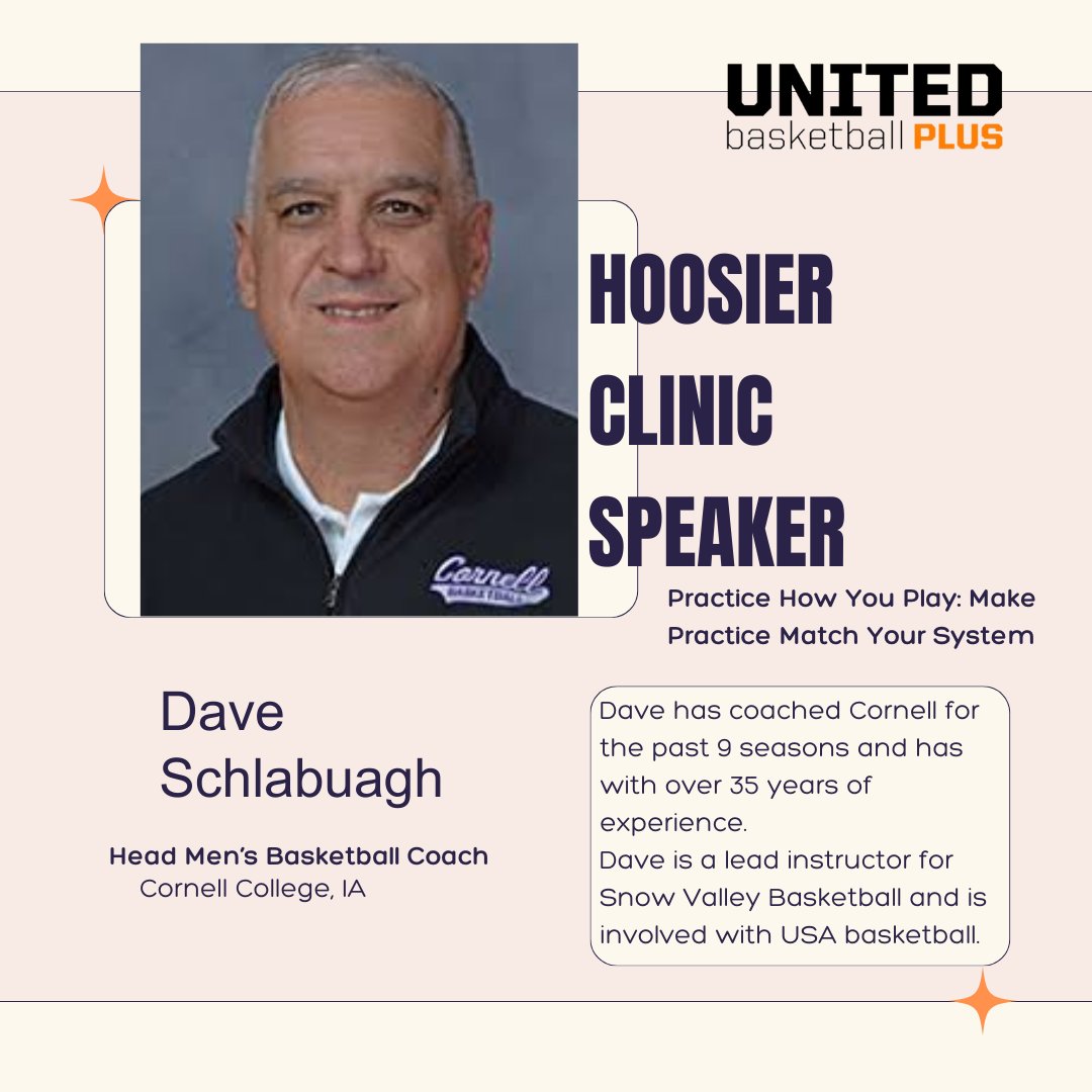 Hoosier Gym Clinic Speaker Profile
Dave Schlabaugh | Cornell College Men's Basketball
See Dave September 27
Sign up here: unitedbasketballplus.com/united-basketb…

<a href="/CoachSchlabaugh/">Dave Schlabaugh</a> <a href="/CornellRamsMBB/">Cornell College Men’s Basketball</a>  <a href="/shootaway/">Shoot-A-Way</a> <a href="/grip_spritz/">Grip Spritz - Basketball Shoe Grip Spray</a> <a href="/FullCourtStats/">Full Court Analytics</a>