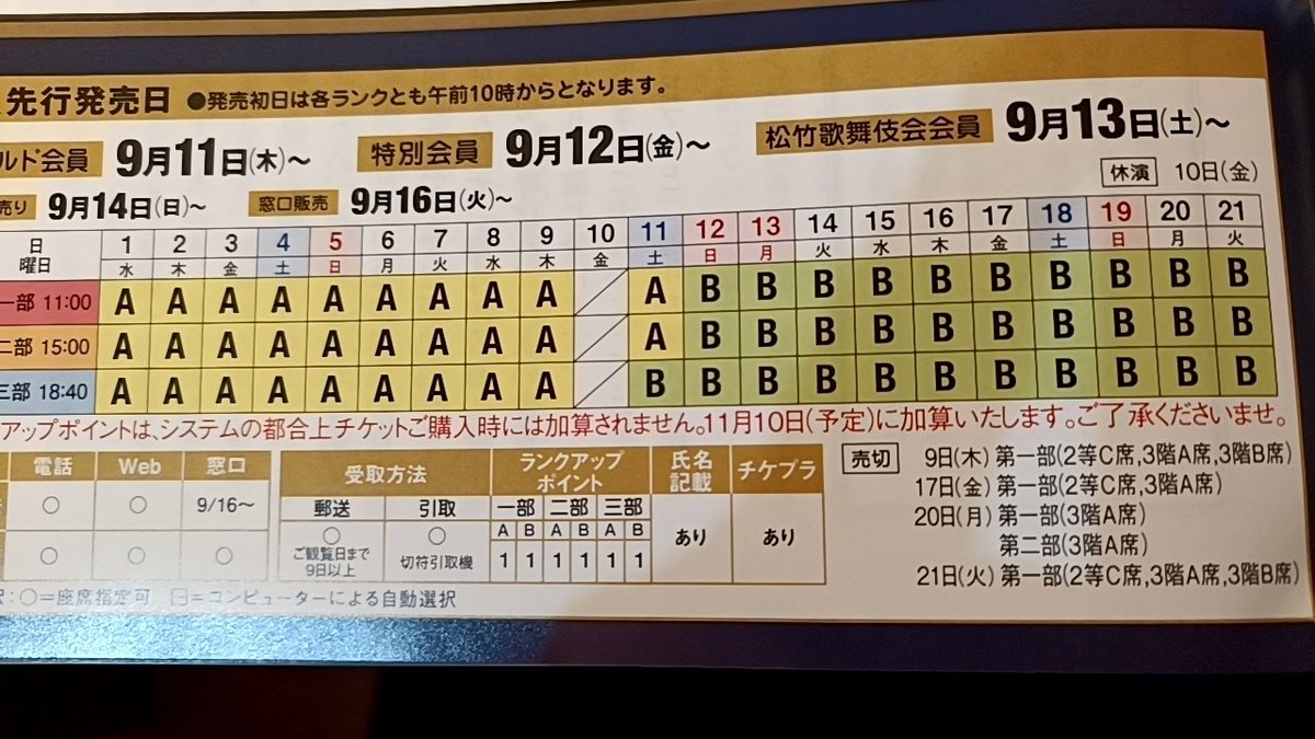 10月歌舞伎座のチケット、すでに売切あり👀
画像右下にちっこく書いてありました👀
買おうと思ってる日とはかぶってなかった💦
ご注意ください💦