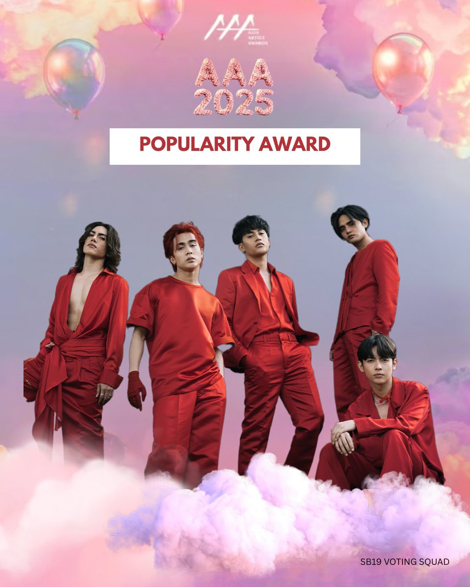 SB19 has been nominated for the AAA 2025 Popularity Award (Boy Group).

Voting Schedule:
Early Voting: STARPOLL (Sept. 9–18)
Preliminary Round: Idol Champ (Sept. 24–Oct. 13)
Final Round: Idol Champ (Oct. 16–Nov. 5)

VOTE NOW!

<a href="/SB19Official/">SB19 Official</a> #SB19