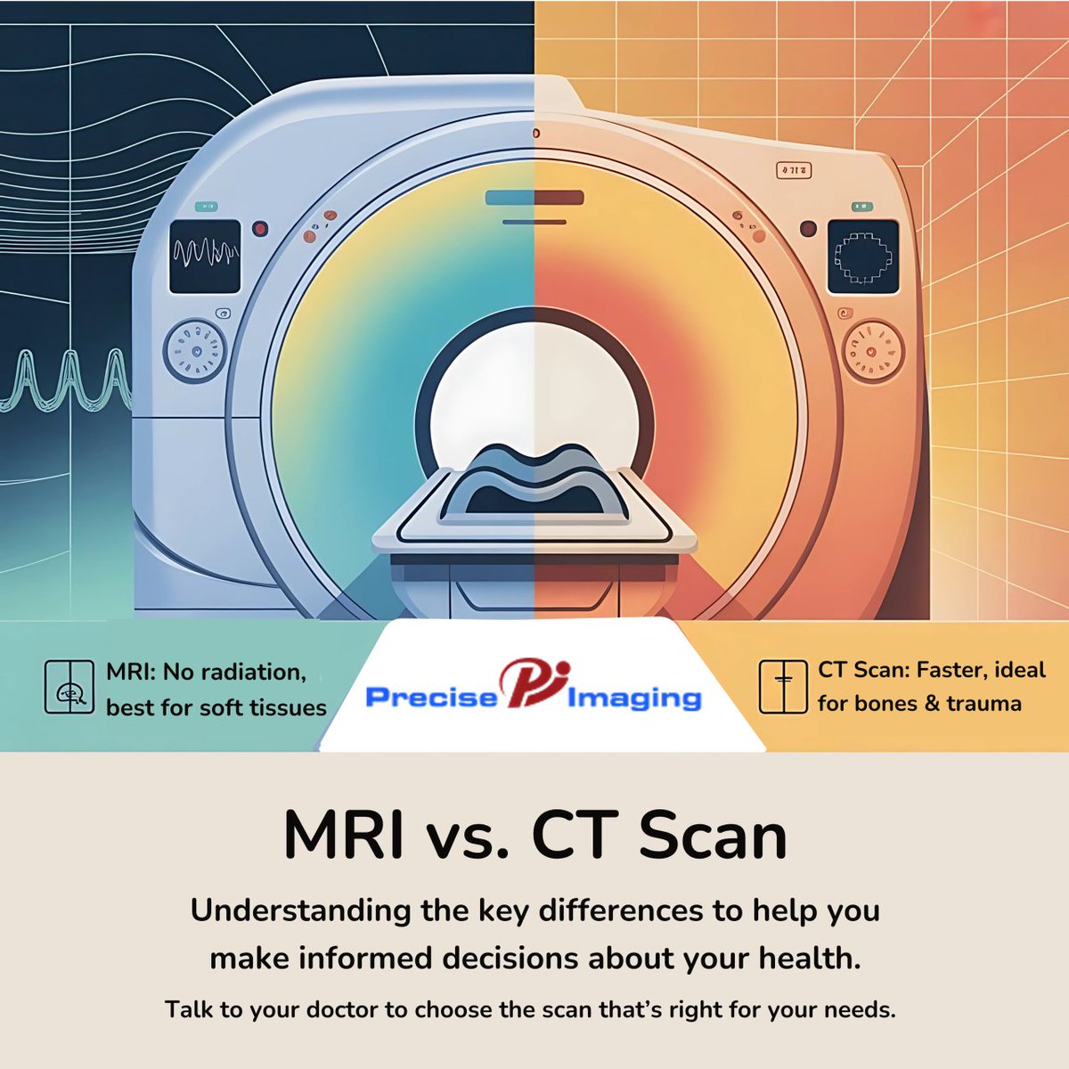 PreciseImaging's tweet image. 🔍 MRI or CT Scan? Here’s What You Need to Know! At Precise Imaging, we make it simple to understand your options: ✅ MRI (Magnetic Resonance Imaging): • No radiation exposure • Best for brain, muscles, ligaments, and soft tissues ✅ CT Scan (Computed Tomography)