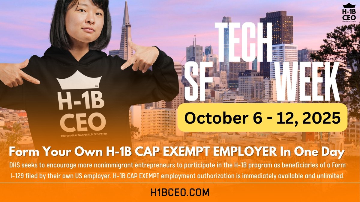 RauhmelFoxCEO's tweet image. DHS seeks to encourage more nonimmigrant entrepreneurs to participate in the H-1B program. Form Your Own H-1B CAP EXEMPT EMPLOYER In One Day during SF Tech Week, October 8, 2025:

partiful.com/e/qO9Xm32CNYFY…

#SFtechWeek #SFtechWeek2025 #SanFranciscoTechWeek #TechWeek #H1B #CAPEXEMPT