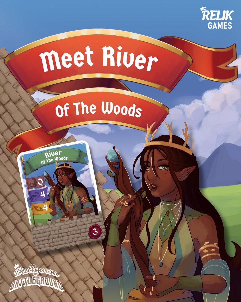 Meet River of the Woods! River will wield her mighty staff and all the mystical power of the forest to get you to the top of the tower. 🌾🪾🌊

Plus, check out a special sneak peek at her card, straight from the game! 
#relikgames #ballgownbattleground #ogbg #games #boardgames