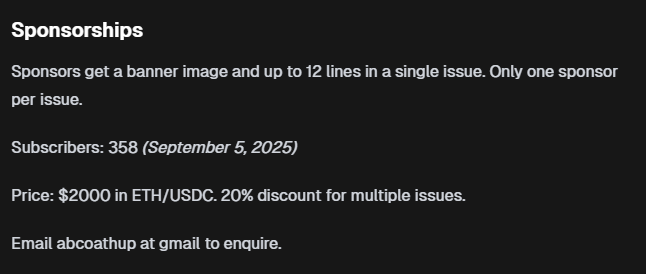 Want to see a season 2 of <a href="/ethdevnews/">ethdevnews</a>?

I either need grants or sponsorships.

Sponsorship is $2000 in ETH/USDC per issue. 20% discount for multiple issues. ($1600).  I'd need a 4 issue commitment to start a season 2.  ($6,400)

I've also applied to <a href="/OctantApp/">Octant.eth</a> Epoch 9 🤞.