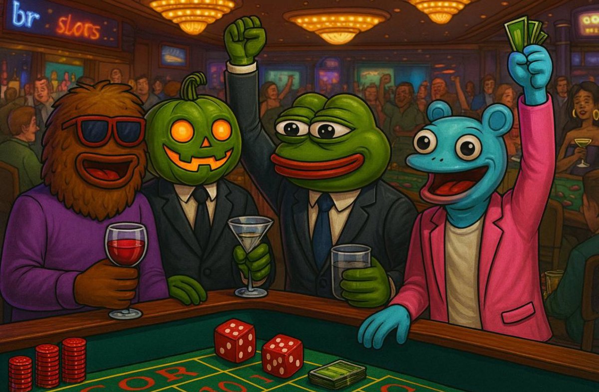 Pumpkin and the crew hit the casino! 

With Landwolf, Pepe, and Brett, they rolled dice, raised fists, and waved cash. Epic night of fun! 🎲

$PUMPKIN