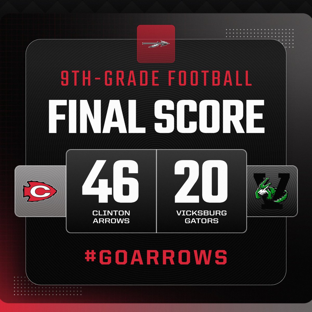 How bout them, Arrows! The 9th-Grade teams brings home a win out of the Swamp tonight. 

Clinton takes on Warren Central next Tuesday back in Vicksburg.

#GoArrows