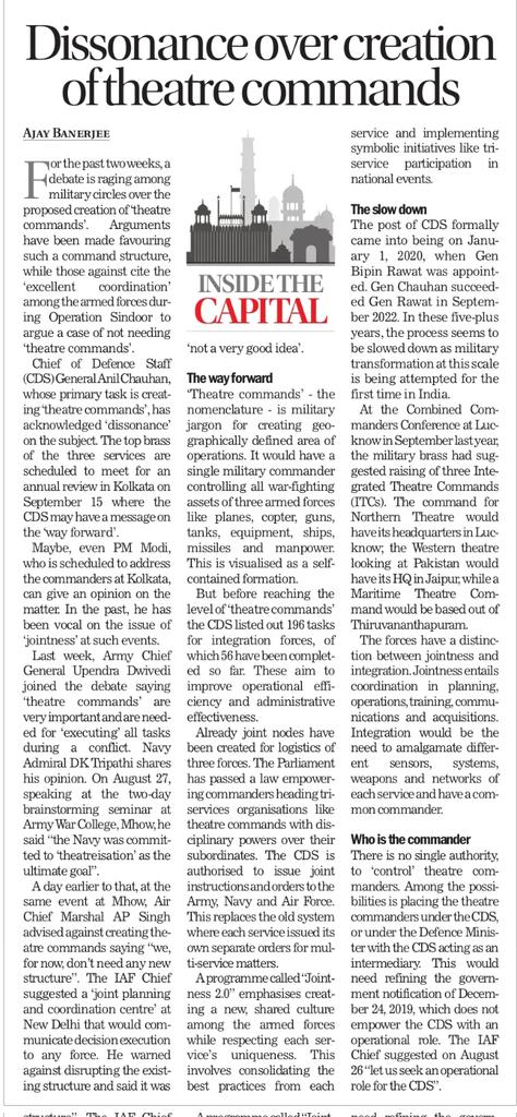 Ajay Banerjee (@ajaynewsman) on Twitter photo In the past 2 weeks, the three chiefs have given their 'for and against' opinion on theatre commands. PM Modi is to address the top tri-services commanders on Sept 15. Will the PM give a 'way forward?
<a href="/thetribunechd/">The Tribune</a>
<a href="/adgpi/">ADG PI - INDIAN ARMY</a>
<a href="/IAF_MCC/">Indian Air Force</a> <a href="/indiannavy/">SpokespersonNavy</a>
Link👇
tribuneindia.com/news/inside-th… In the past 2 weeks, the three chiefs have given their 'for and against' opinion on theatre commands. PM Modi is to address the top tri-services commanders on Sept 15. Will the PM give a 'way forward?
<a href="/thetribunechd/">The Tribune</a>
<a href="/adgpi/">ADG PI - INDIAN ARMY</a>
<a href="/IAF_MCC/">Indian Air Force</a> <a href="/indiannavy/">SpokespersonNavy</a>
Link👇
tribuneindia.com/news/inside-th…