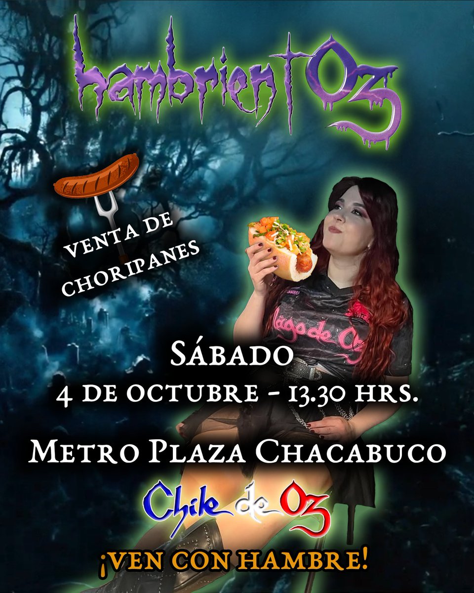Porque cada vez que nos juntamos estamos HambrientOz, tenemos VENTA DE CHORIPANES! 🌭😮🤘🏻

Sábado 4 de Octubre, 13:30 ⏰
Ⓜ️ Metro Plaza Chacabuco (L3)

PIDE CON ANTICIPACIÓN TU OPCIÓN VEGANA! 🌭🌱⚠️
facebook.com/events/s/hambr…

#magodeoz #choripan #xanalavey #magodeozchile #chiledeoz